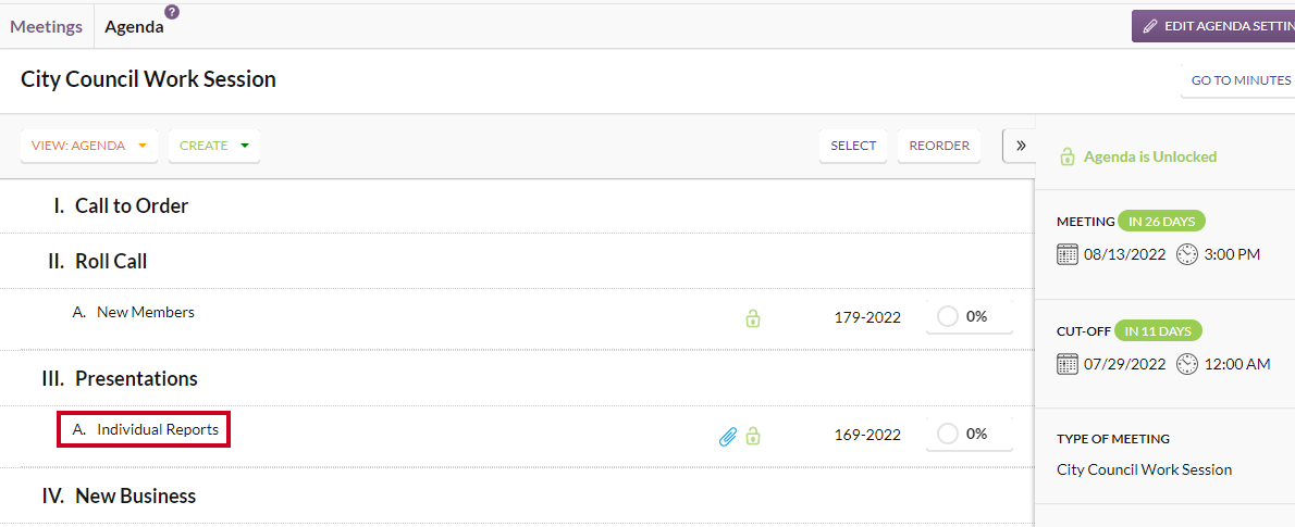 An example Individual Reports item.