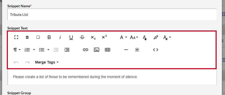 The Add New Task Snippet modal's paragraph and text formatting tools.
