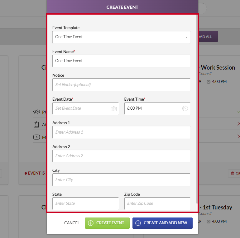 The Create Event modal.