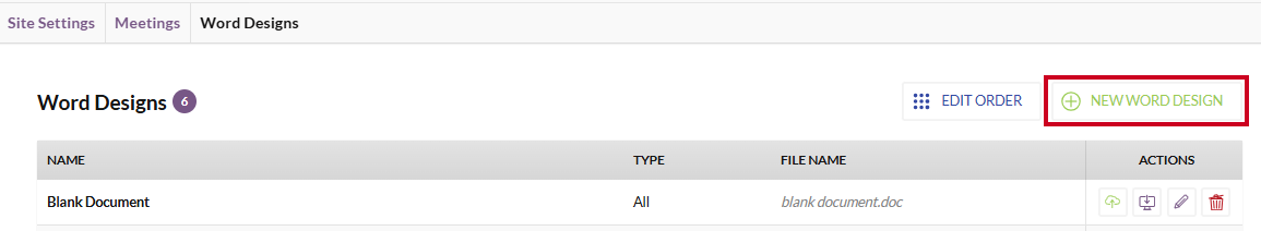 The white, rectangular New Word Design button to the right of the Word Designs header.