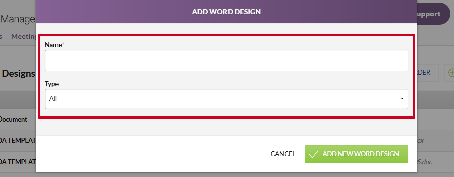 The Add New Word Design modal information fields.