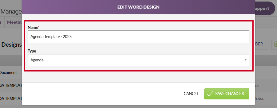 The information fields on the Edit Word Design modal.