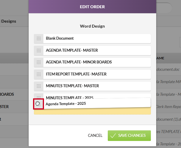 A word design being dragged and dropped into a new place on the Edit Order modal.