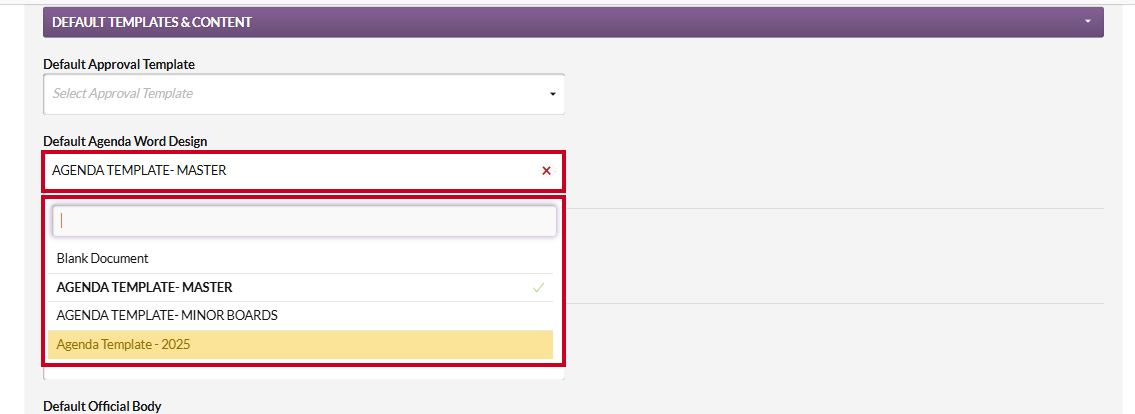 The Default Agenda Word Design dropdown field and options.