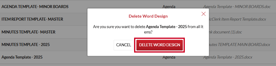 The red, rectangular Delete Word Design button on the Delete Word Design confirmation pop-up.