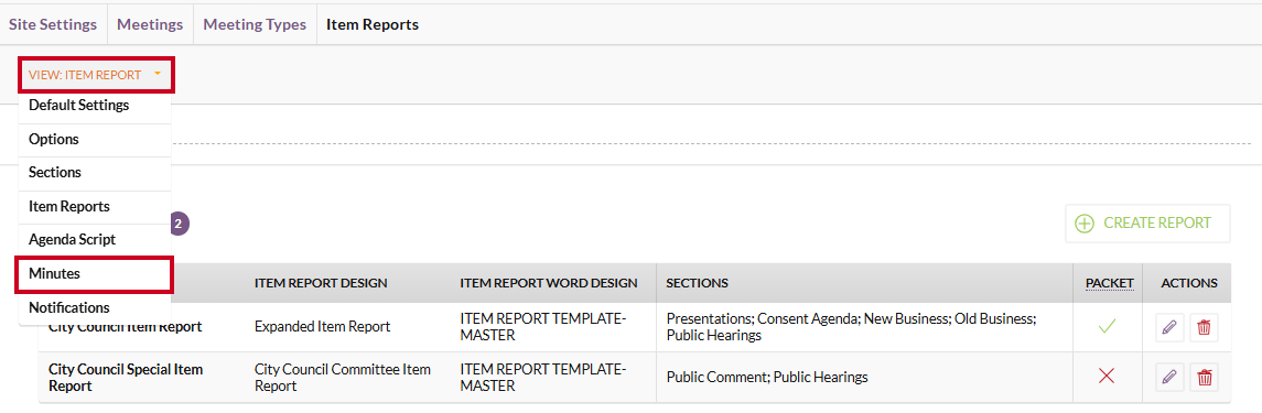 The View menu with the Minutes option highlighted.