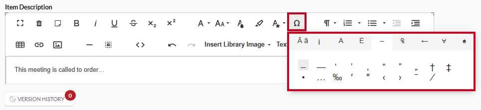 The text editor Special Characters tool.