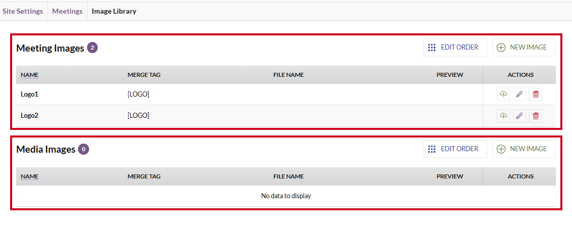 The Meeting Images and Media Images sections on the Image Library page.