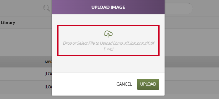 The Drop or Select File to Upload field on the Upload Image Modal.