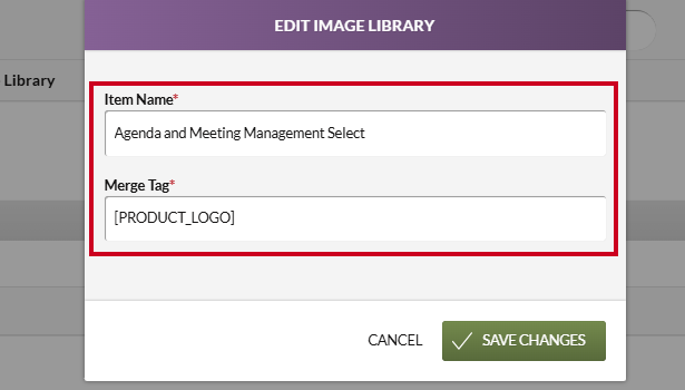 The Edit Image Library modal information fields.