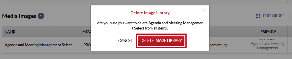 The red, rectangular Delete Image Library button on the Delete Image Library confirmation pop-up.