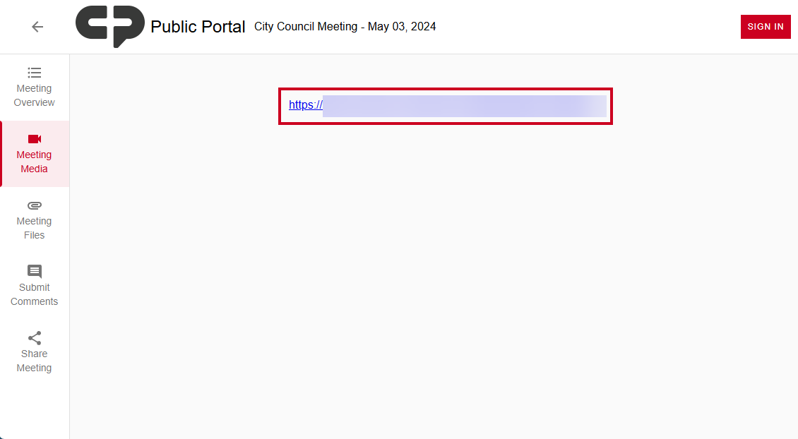 A Public Portal Meeting Media tab with an external media link URL.