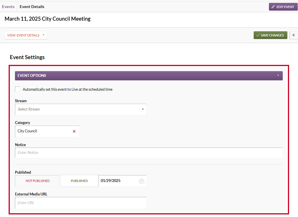 The Event Details page Event Options section with an External Media URL field.