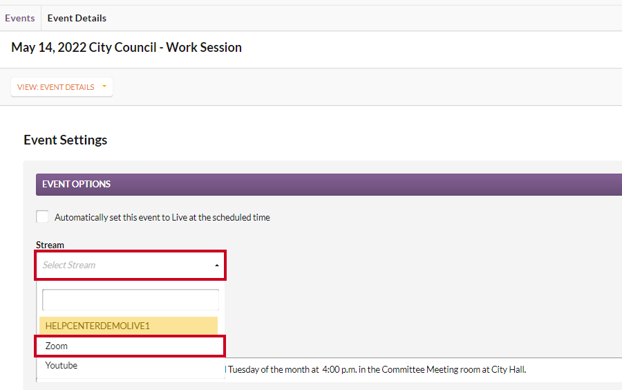 CivicClerk 8, select a stream