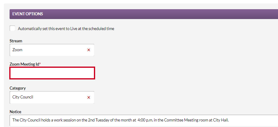 The Zoom meeting ID field, which appears below the Stream dropdown.