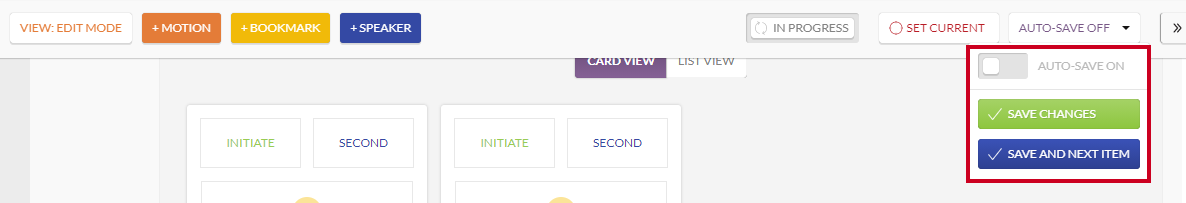 The green, rectangular Save Changes button and the blue, rectangular Save and Next Item button below the Auto-Save toggle.
