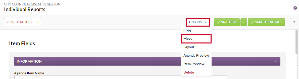 The Actions drop-down menu with the Move option highlighted.