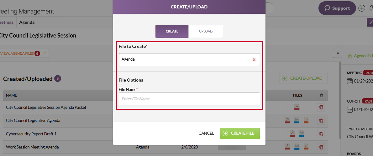 The Create tab information fields.