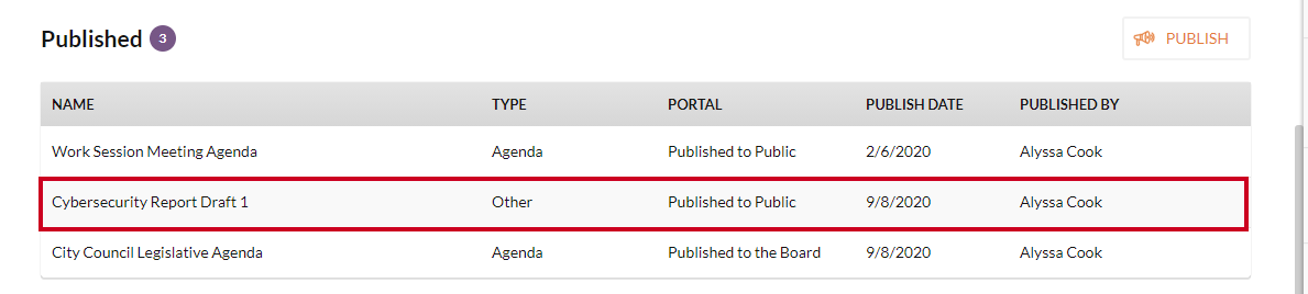 An example published file in the Published list on the Agenda Files page.