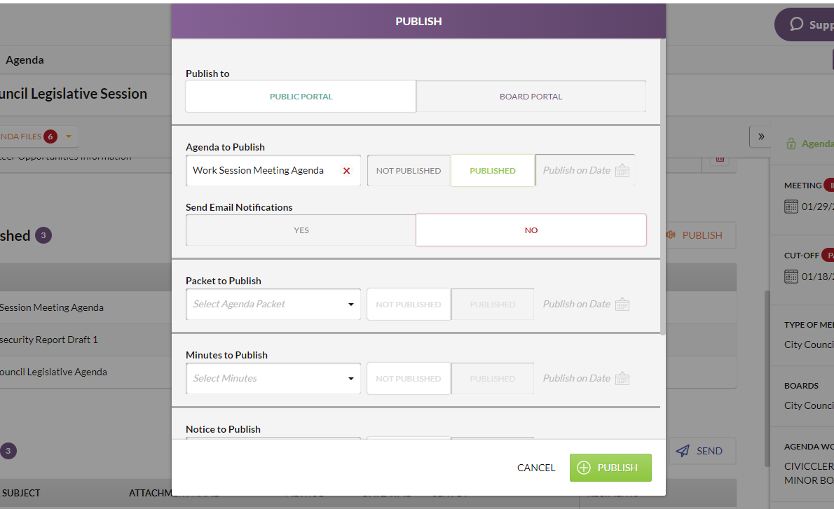 The Publish window with fields that can be used to designate where, when, and how a file should be published.