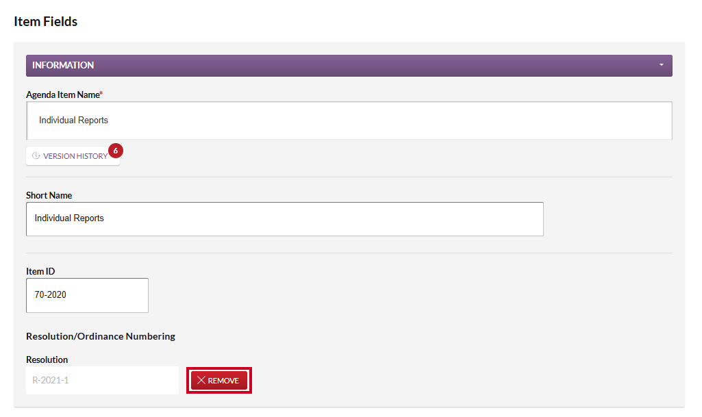 The red, rectangular Release button to the right of the Resolution field in the Information section of the Item Fields page.
