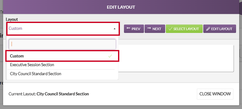 The Layout dropdown list with the Custom layout option highlighted.