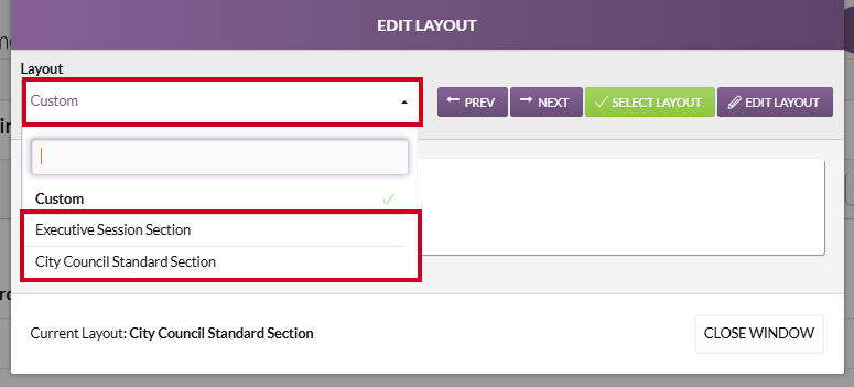 The Layout dropdown list with existing layout options highlighted.