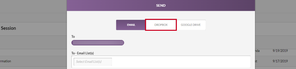 The Dropbox tab below the Send modal header.