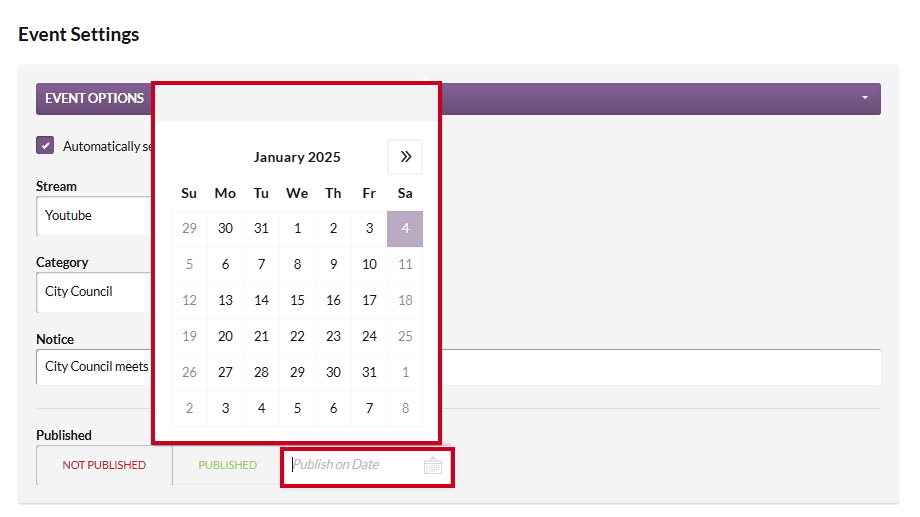 The Publish on Date field and calendar picker.