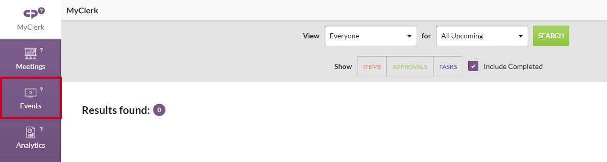 left-hand menu, events module