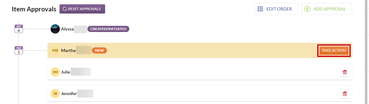 The orange, rectangular Take Action button to the right of an example approver name.