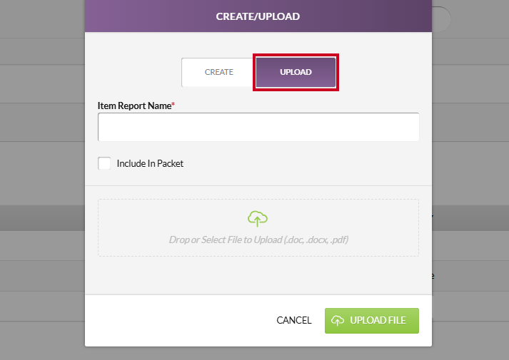 The rectangular Upload tab below the Create/Upload header.
