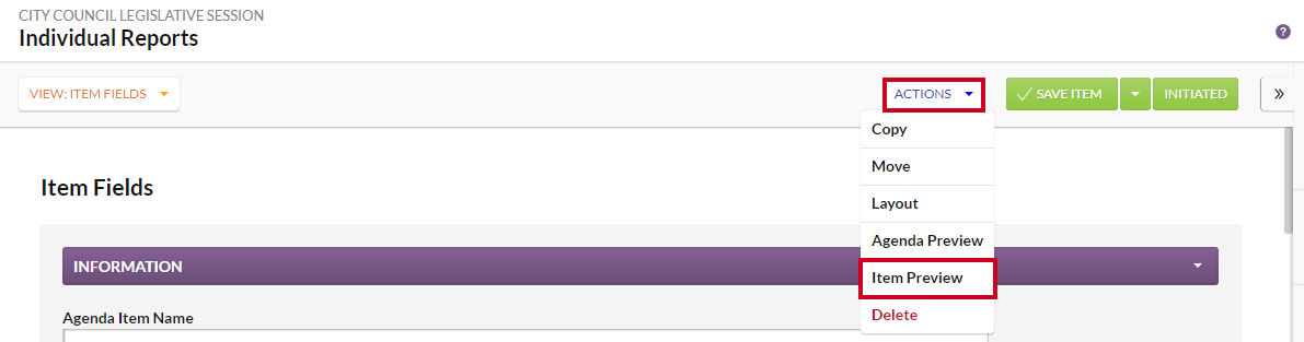 The Actions drop-down menu with the Item Preview option highlighted.