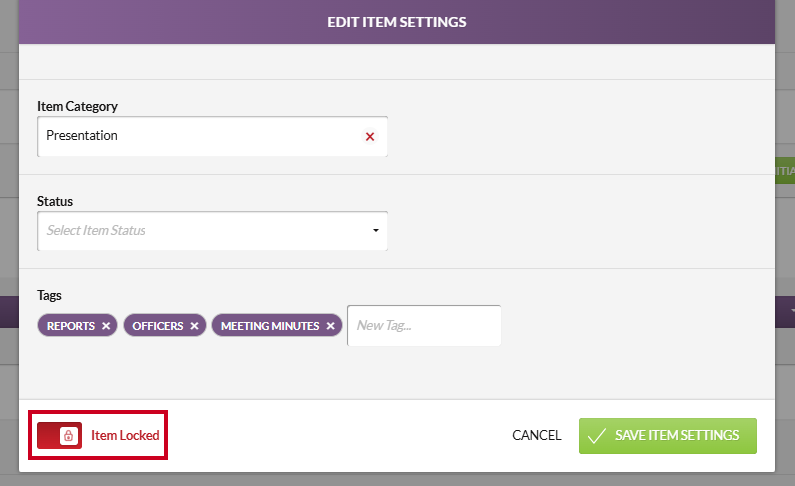 The Item Locked slider in the lower-left corner of the Edit Item Settings modal.