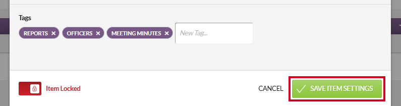 The green, rectangular Save Item Settings button in the lower-right corner of the Edit Item Settings modal.