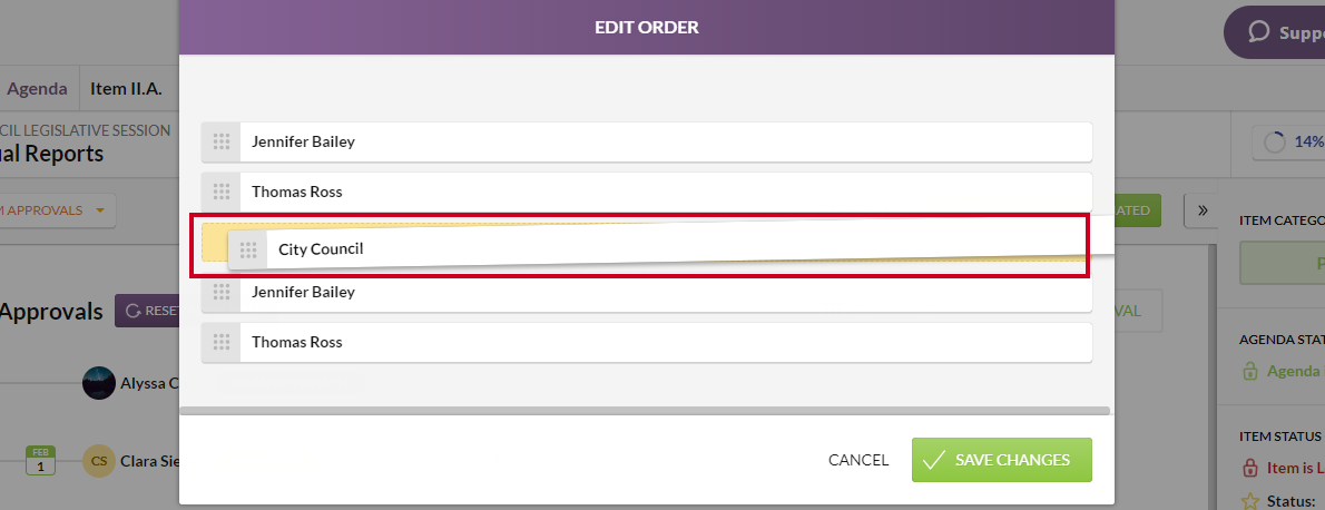 Meetings Select Agenda Item Approvers Drag and Drop to Edit Order of Approval.