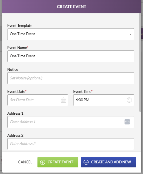 The Create Event modal.