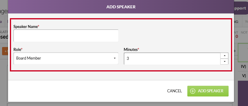 The information fields on the Add Speaker modal.