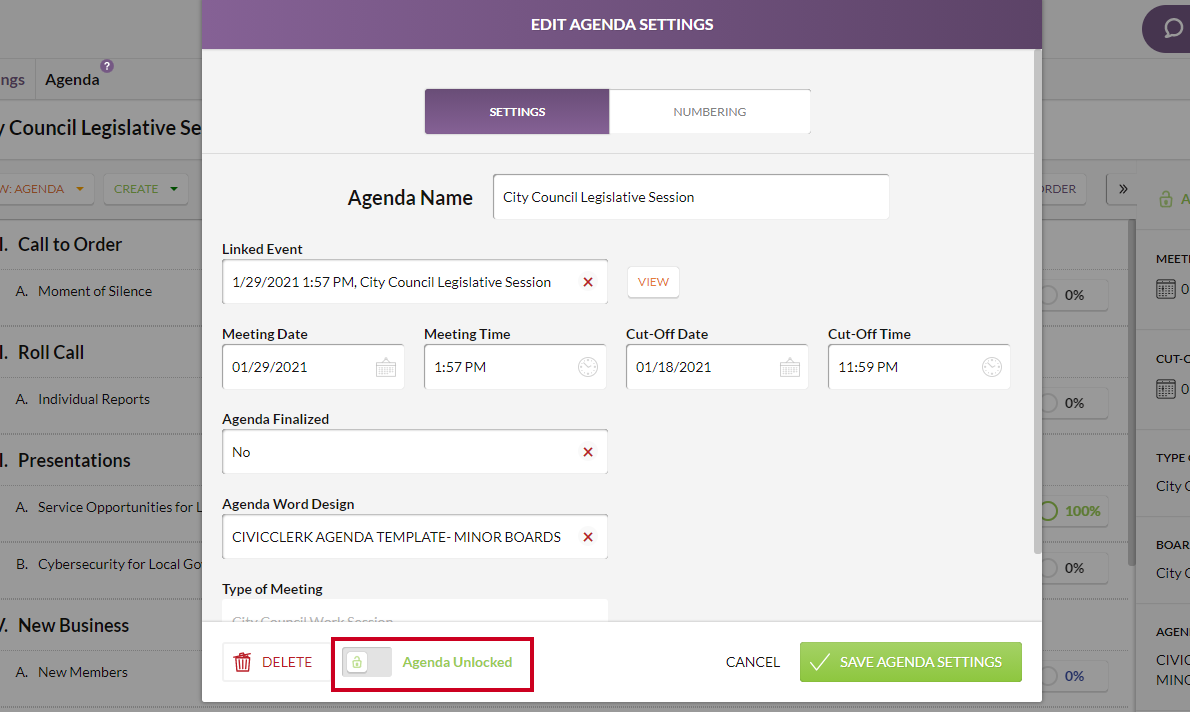 A gray, green, and white Agenda Unlocked toggle in the lower-left corner of the Edit Agenda Settings dialog.