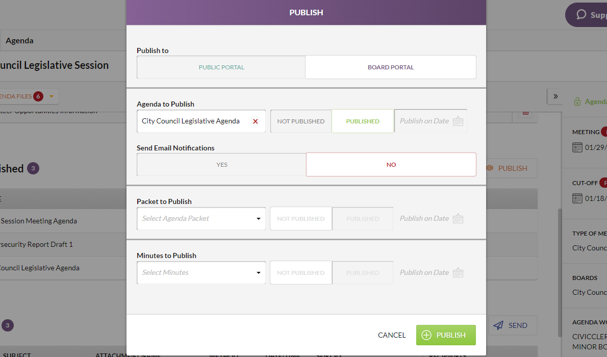 The Board Portal information fields within the Publish modal.