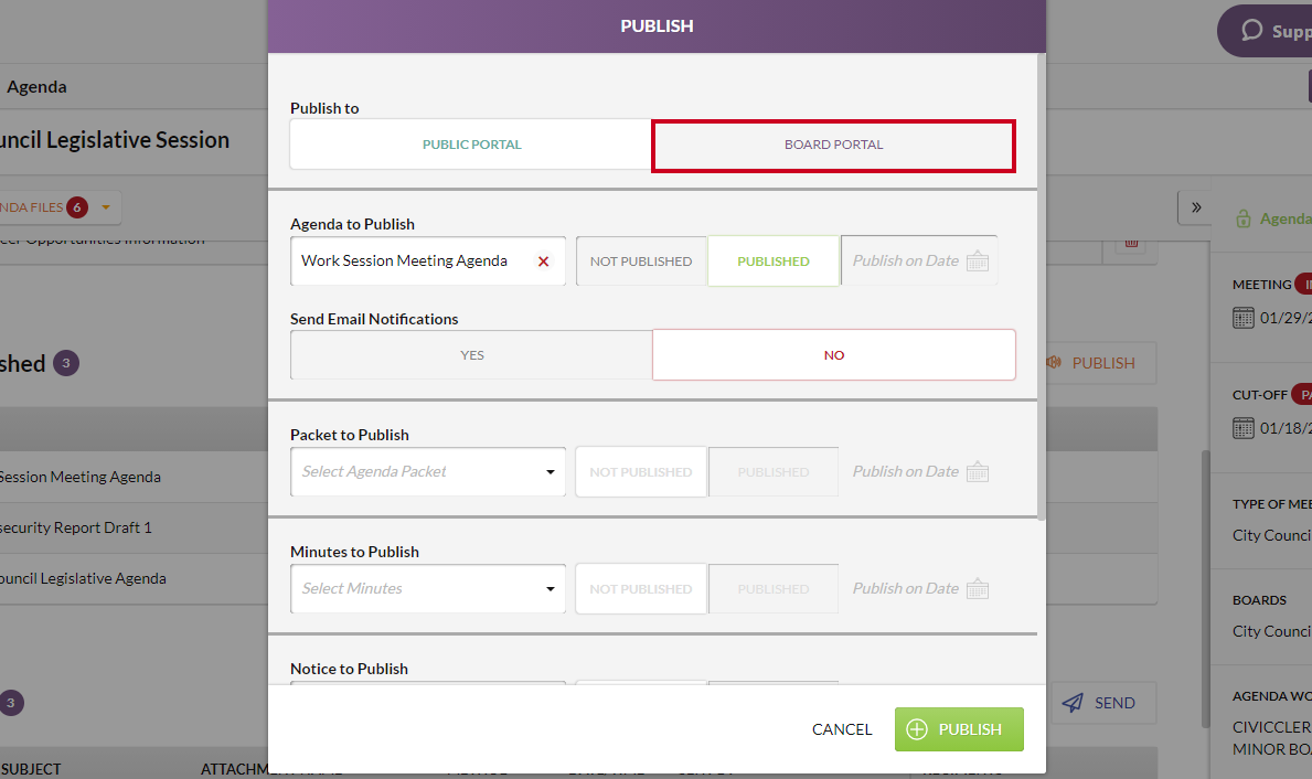 The gray, rectangular Board Portal button below the Publish modal header.