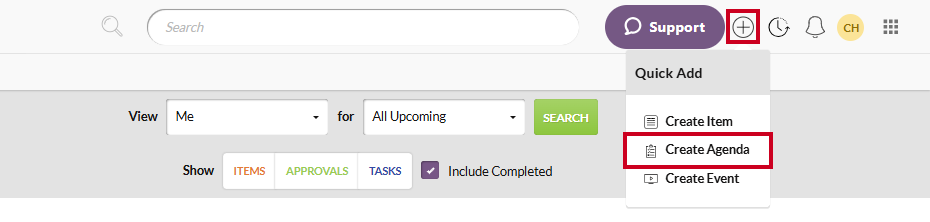 quick add menu, create agenda