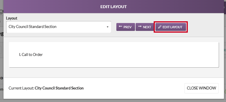 The purple, rectangular Edit Layout button to the right of the Previous and Next buttons.