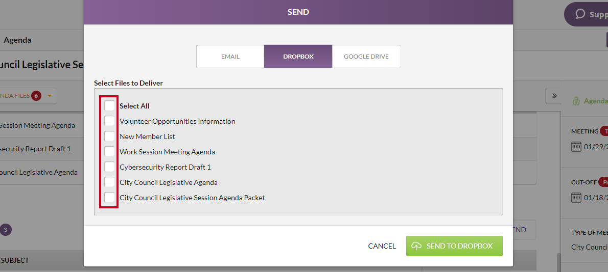 The Select Files to Deliver section within the Send modal.