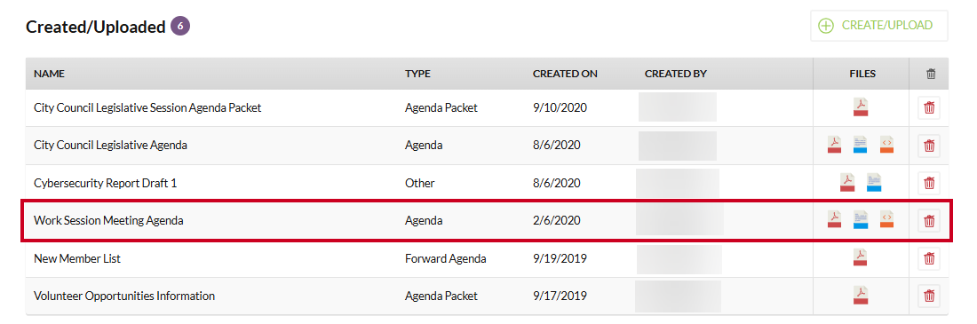 An example agenda in the Created/Uploaded list.