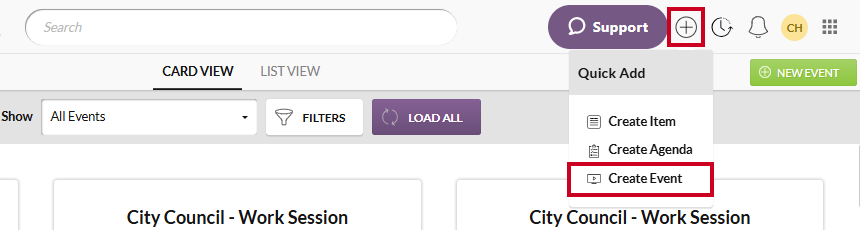 quick add menu, create event