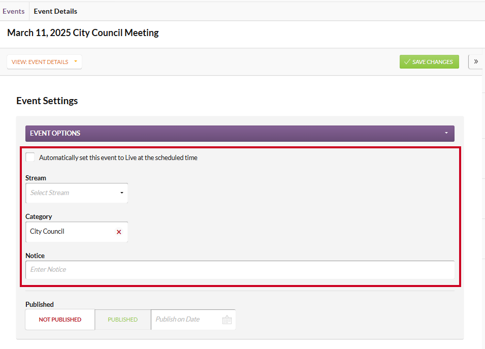 The Event Options section and fields.
