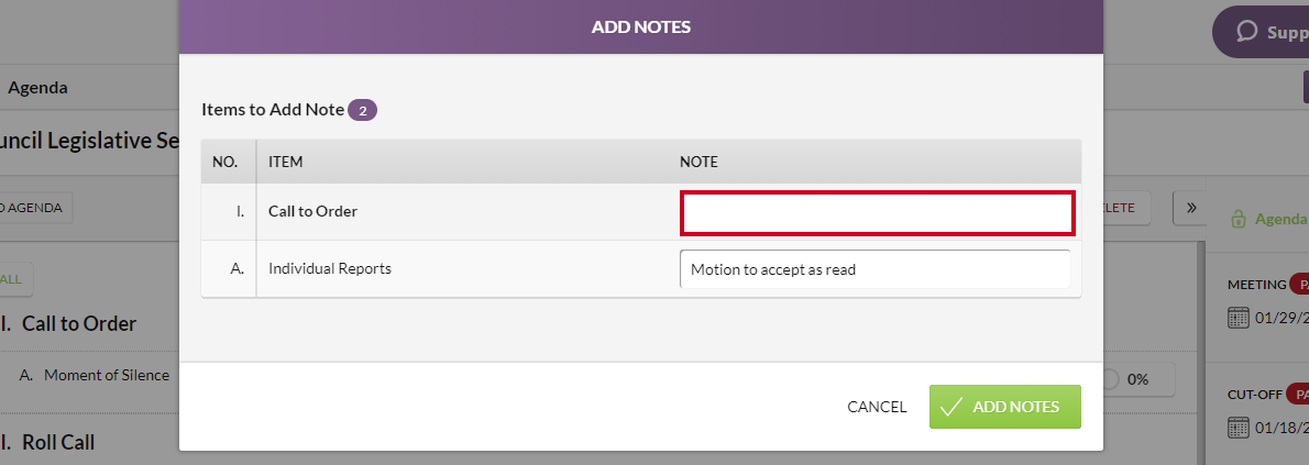 A text box in the Note column on the Add Notes modal.