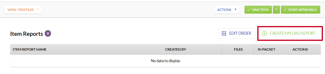 The white, rectangular Create/Upload Report button to the right of the Item Reports header.