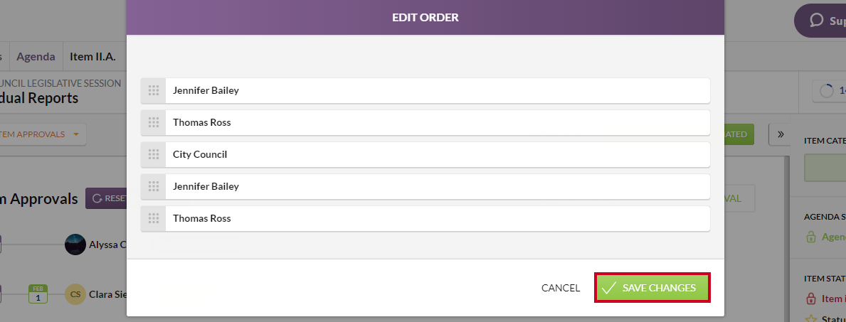 Meetings Select Agenda Item Approvals Save Changes Button.